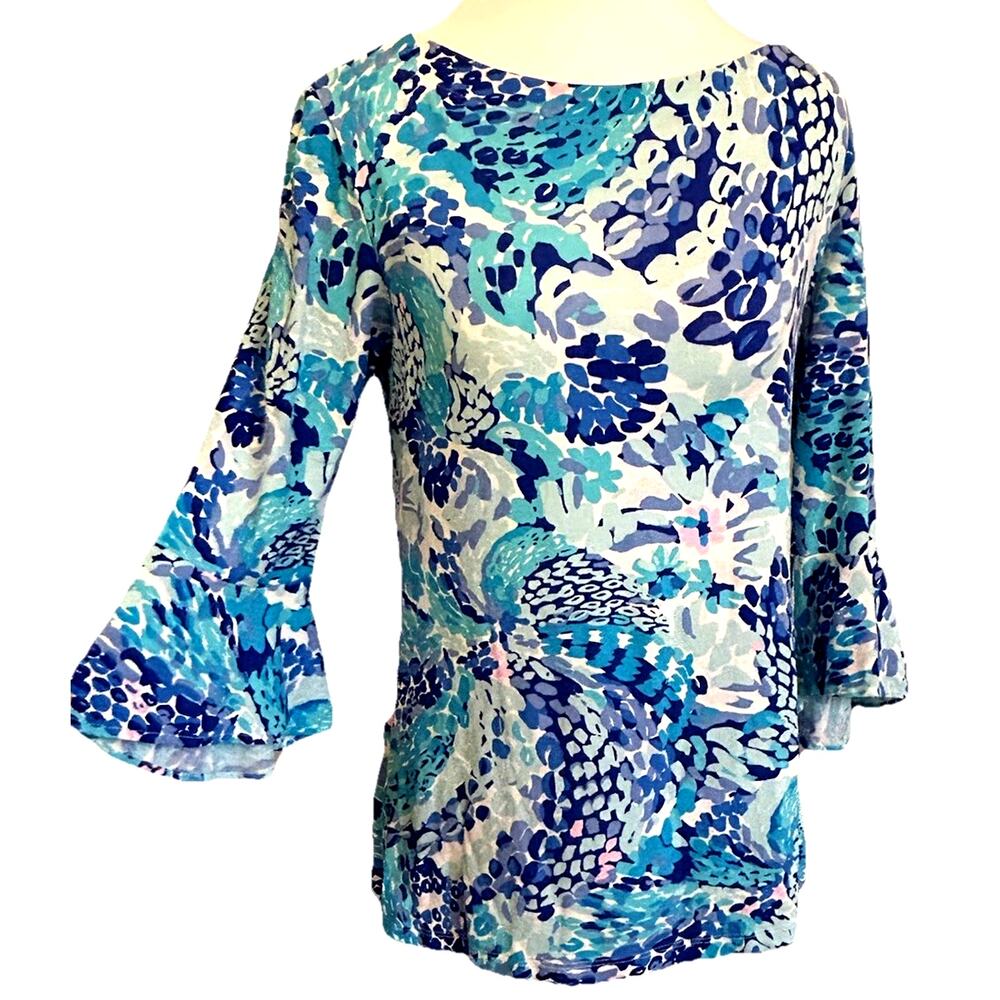 Lilly Pulitzer Floral Blue Top S Tropical Casual 3/4 Bell Sleeve Fontaine Resort